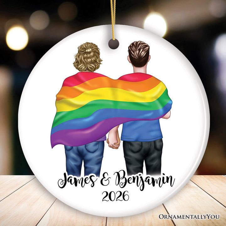 Pride Mens Couple Rainbow Flag Customized Christmas Ornament, LGBT and Gay Activism Ceramic Ornament OrnamentallyYou Circle 