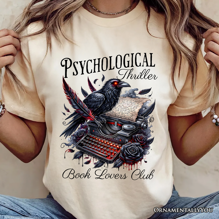 Psychological Thriller Book Lovers Club T-Shirt, Gothic Raven Typewriter Bookish Tee
