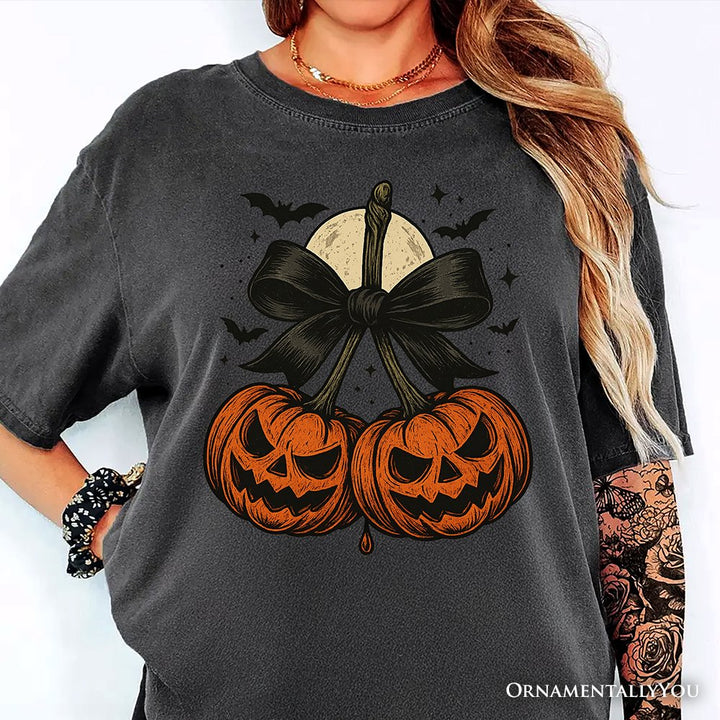 Pumpkin Cherries Coquette Bow T-Shirt, Retro Halloween Fall Season Tee for Sweet Autumn Girls T-Shirts OrnamentallyYou 
