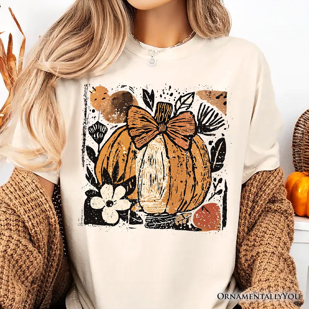 Pumpkin Fall Floral T-Shirt, Thanksgiving Coquette Bow Tee T-Shirts OrnamentallyYou 