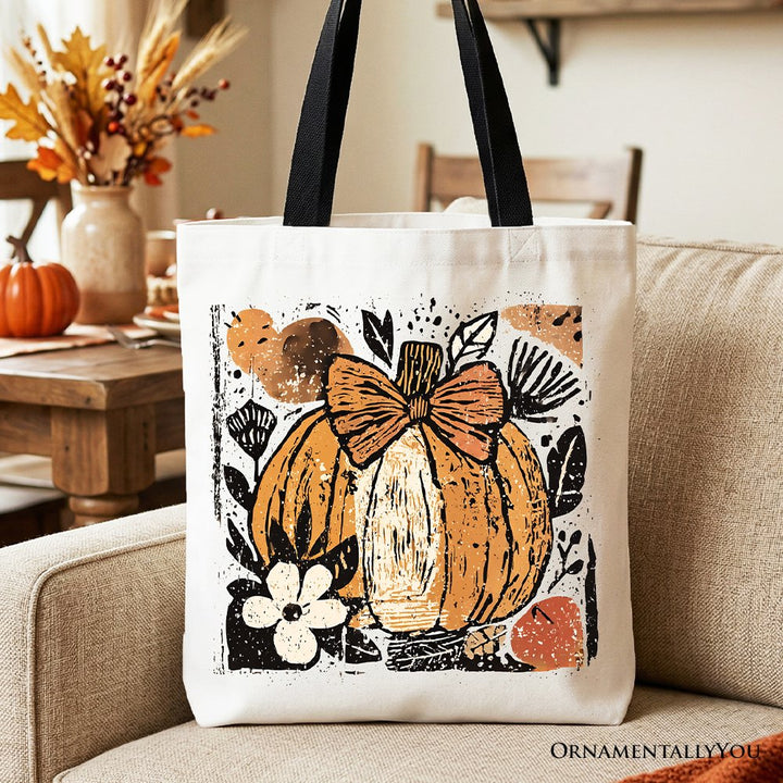 Pumpkin Fall Floral Tote Bag, Thanksgiving Coquette Bow Gift Shopper Tote Bag OrnamentallyYou Black Handle 