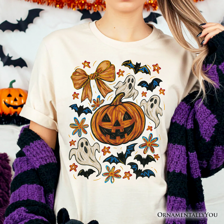 Pumpkin Ghosts Coquette Bow T-Shirt, Retro Fall Spooky Tee for Cute Trick-or-Treaters