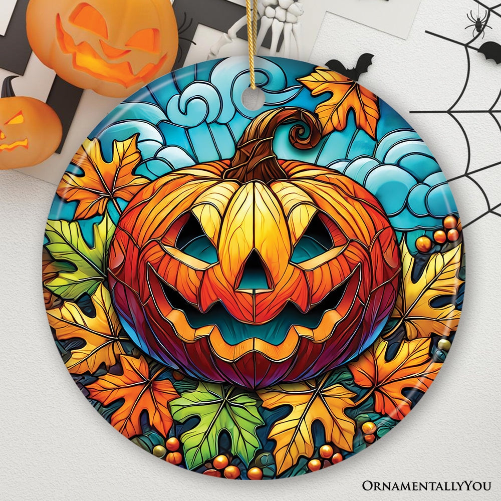 Pumpkin Spice and Crispy Leaves Stained Glass Style Ceramic Ornament, Halloween Themed Christmas Gift and Decor Ceramic Ornament OrnamentallyYou Circle 