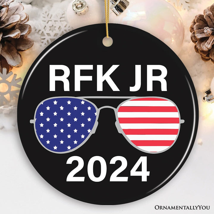 RFK JR 2024 with USA Flag Sunglasses in Black Ornament, Robert Kennedy OrnamentallyYou Circle 