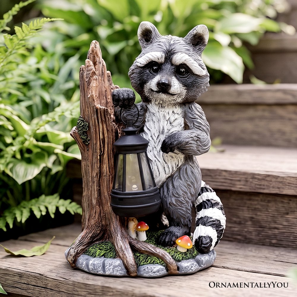 Raccoon Solar Lamp Garden Statue, 9" Lighted Animal Figurine Outdoor Decor Resin Statues OrnamentallyYou 