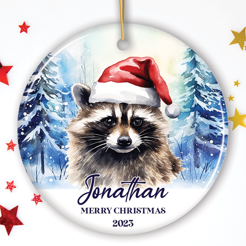 Raccoon with Santa Hat Personalized Ornament, Winter Forest Christmas Gift With Custom Name and Date Ceramic Ornament OrnamentallyYou Circle 