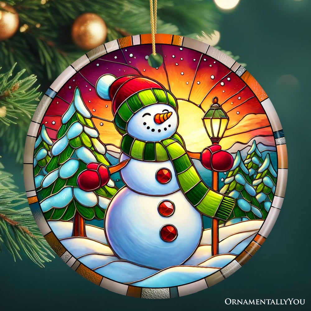 Radiant Sunset Glow Snowman Ornament, Frosty Guardian for Holiday Cheer Gift and Decor Ceramic Ornament OrnamentallyYou Circle 