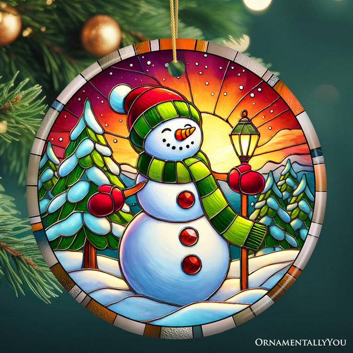 Radiant Sunset Glow Snowman Ornament, Frosty Guardian for Holiday Cheer Gift and Decor Ceramic Ornament OrnamentallyYou Circle 