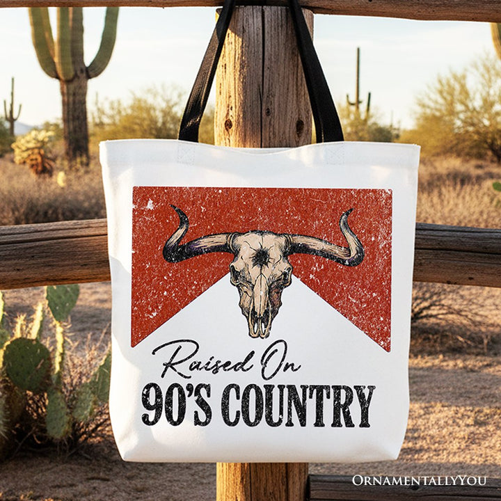 Raised On 90s Country Tote Bag, Vintage Bull Skull Gift Shopper Tote Bag OrnamentallyYou Black Handle 