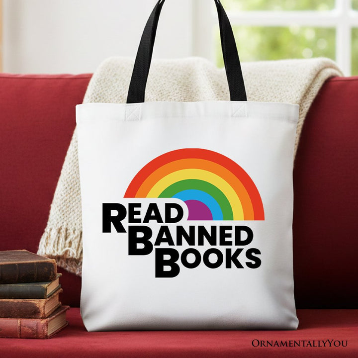 Read Banned Books Rainbow Canvas Tote Bag, Book Lover Gift Shopper Tote Bag OrnamentallyYou Black Handle 