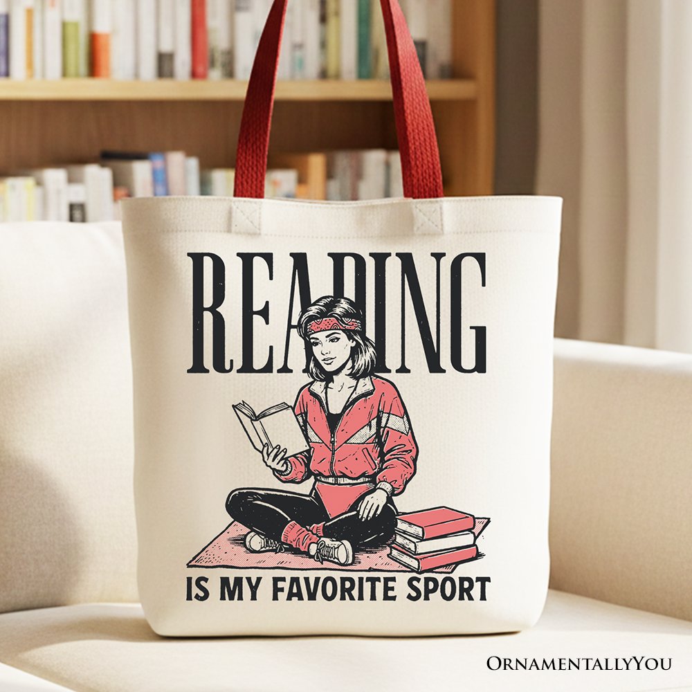 Reading Is My Favorite Sport Bookworm Canvas Tote Bag, Retro Bibliophile Gift Shopper Tote Bag OrnamentallyYou Red Handle 