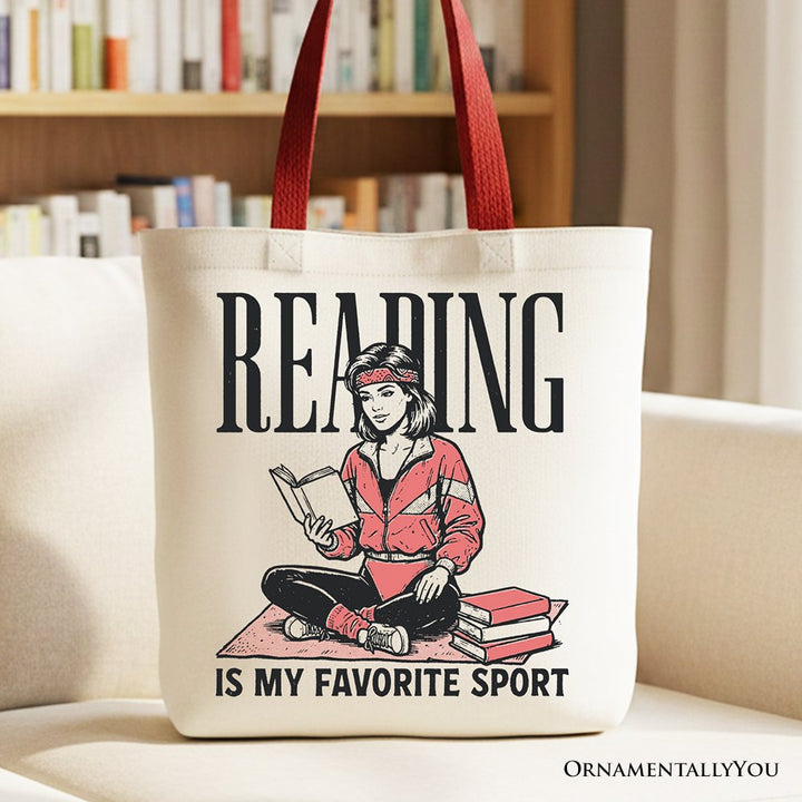 Reading Is My Favorite Sport Bookworm Canvas Tote Bag, Retro Bibliophile Gift Shopper Tote Bag OrnamentallyYou Red Handle 