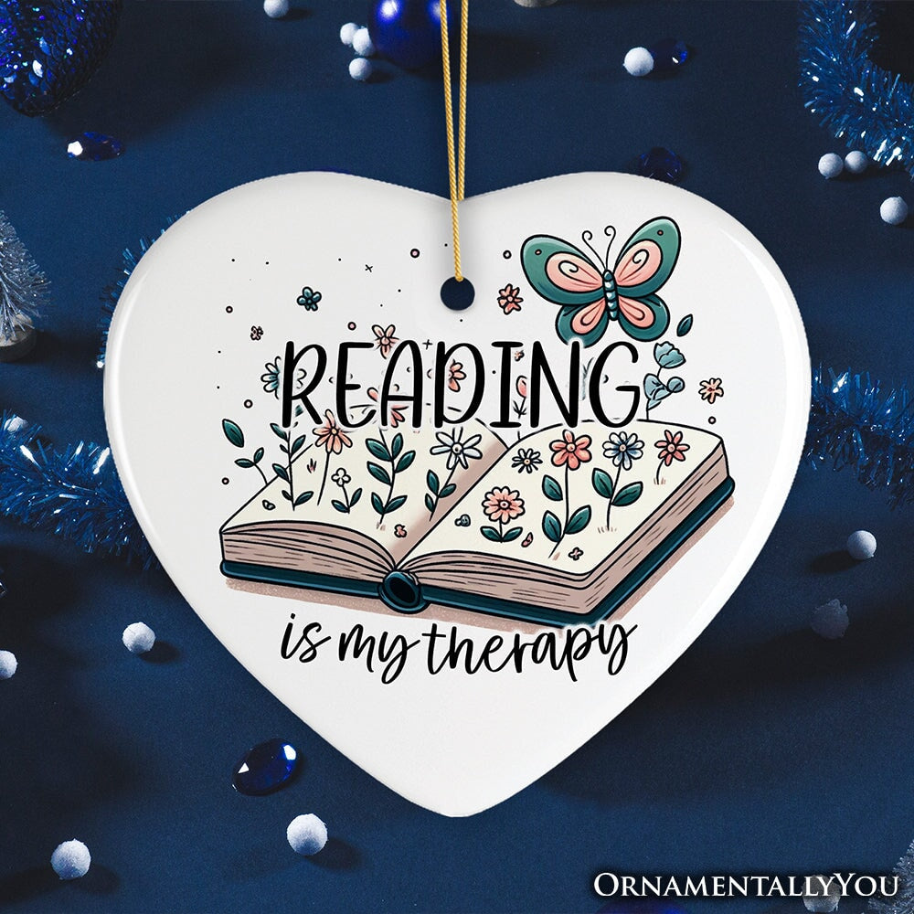 Reading is my Therapy Whimsical Ceramic Ornament, Book Lovers Christmas Gift Ceramic Ornament OrnamentallyYou 