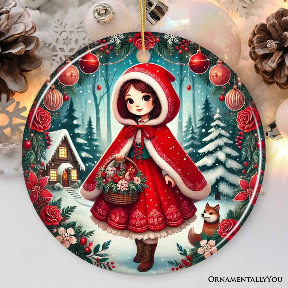 Red Riding Hood Christmas Ornament, Beautiful Fairytale Princess Christmas Gift and Decor Ceramic Ornament OrnamentallyYou Circle 