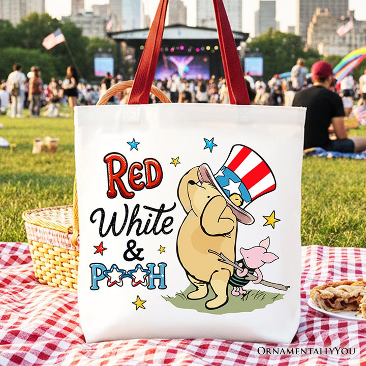 Red White & Proud Winnie-the-Pooh Tote Bag, 1926 A.A. Milne Patriotic 4th of July Gift Shopper Tote Bag OrnamentallyYou Red Handle 