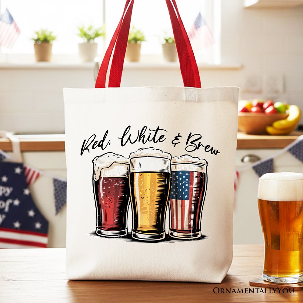 Red White and Brew Beer American Tote Bag, Patriotic USA 4th of July Gift Shopper Tote Bag OrnamentallyYou Red Handle 