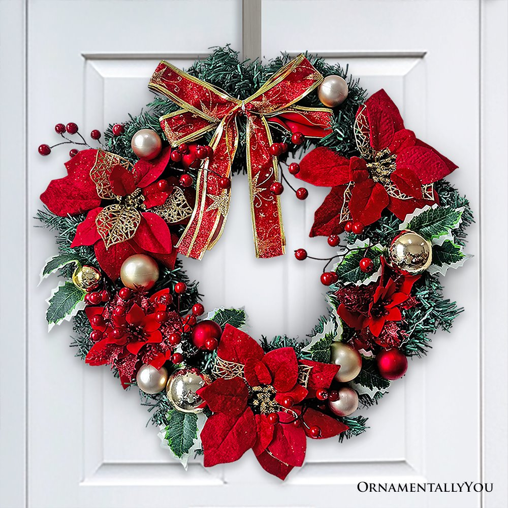 (Pre-Order) Refined Red and Gold 20" Christmas Wreath, Poinsettias, Ribbons and Ornament Baubles Wreath OrnamentallyYou 