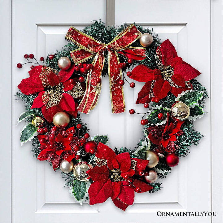 (Pre-Order) Refined Red and Gold 20" Christmas Wreath, Poinsettias, Ribbons and Ornament Baubles Wreath OrnamentallyYou 