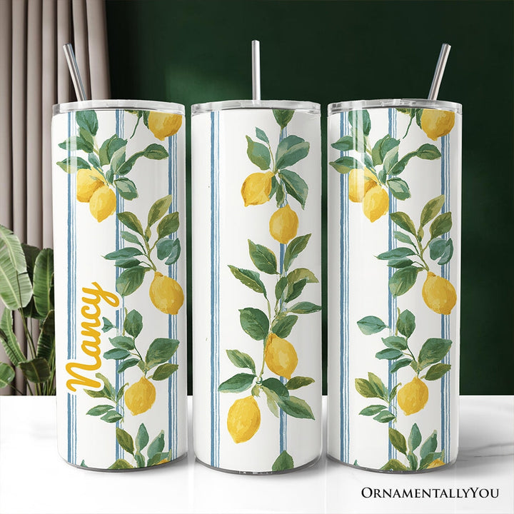 Refreshing Lemon Branches 20oz Personalized Tumbler With Lid and Stainless Steel Straw, Summer Citrus Pattern Gift Cup Tumbler OrnamentallyYou Customized 