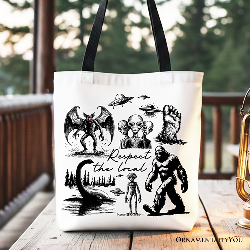 Respect The Local Cryptid Squad Canvas Canvas Tote Bag, Funny Bigfoot Alien Mothman Meme Gift Shopper Tote Bag OrnamentallyYou Black Handle 