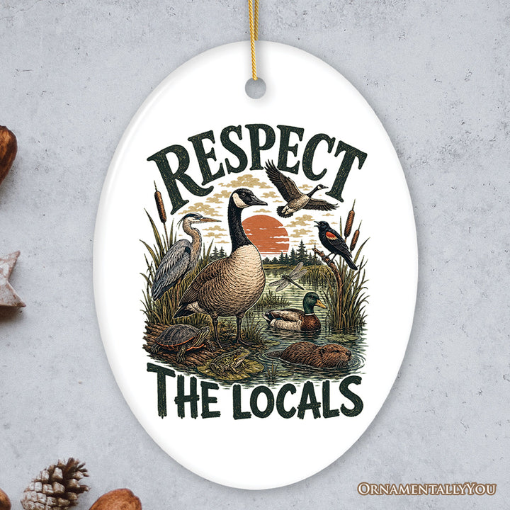 Respect The Locals Waterfowl Ornament, Retro Wetland Nature Gift and Tree Decor