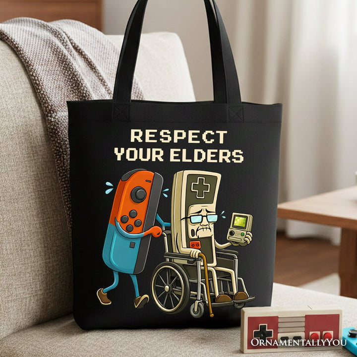 Respect Your Elders Gaming Controller Tote Bag, Old School Gamer Humor Gift Shopper Tote Bag OrnamentallyYou Black 
