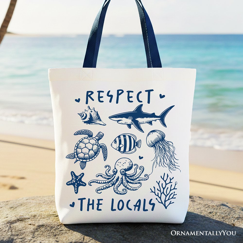 Respect the Locals Ocean Animals Canvas Tote Bag, Cute Vacation Gift Shopper Tote Bag OrnamentallyYou Navy Handle 