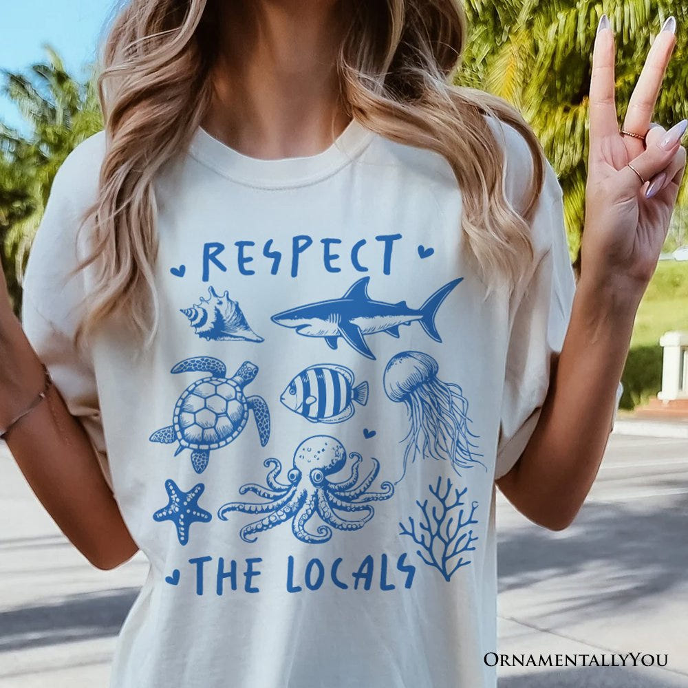 Respect the Locals Ocean Animals T-Shirt, Cute White and Natural Vacation Tee T-Shirts OrnamentallyYou 