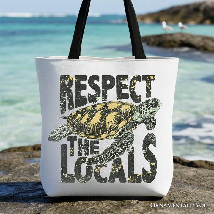 Respect the Locals Turtles Canvas Tote Bag, Retro Grunge Gift for Ocean and Beach Lovers Tote Bag OrnamentallyYou Black Handle 