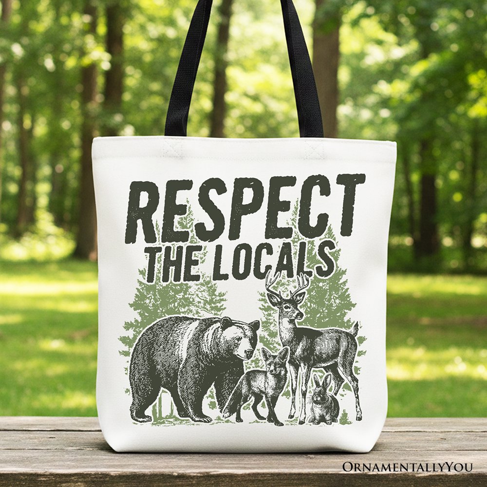 Respect the Locals Wild Animal Canvas Tote Bag, Vintage Camping Nature Gift Shopper Tote Bag OrnamentallyYou Black Handle 