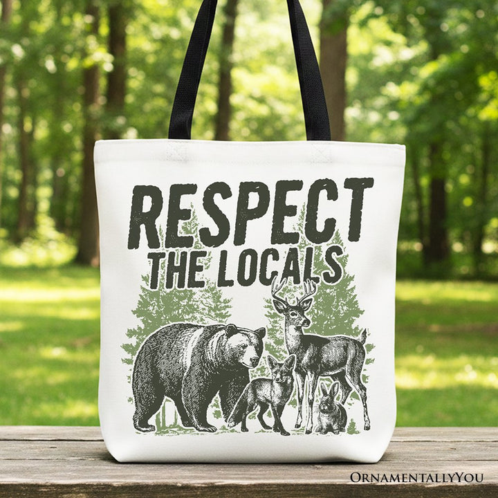 Respect the Locals Wild Animal Canvas Tote Bag, Vintage Camping Nature Gift Shopper Tote Bag OrnamentallyYou Black Handle 