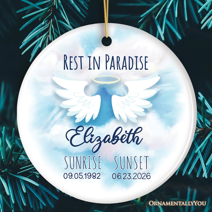Rest in Paradise Custom Memorial Ornament, Angel Wings for Loss of a Loved One Ceramic Ornament OrnamentallyYou Circle 