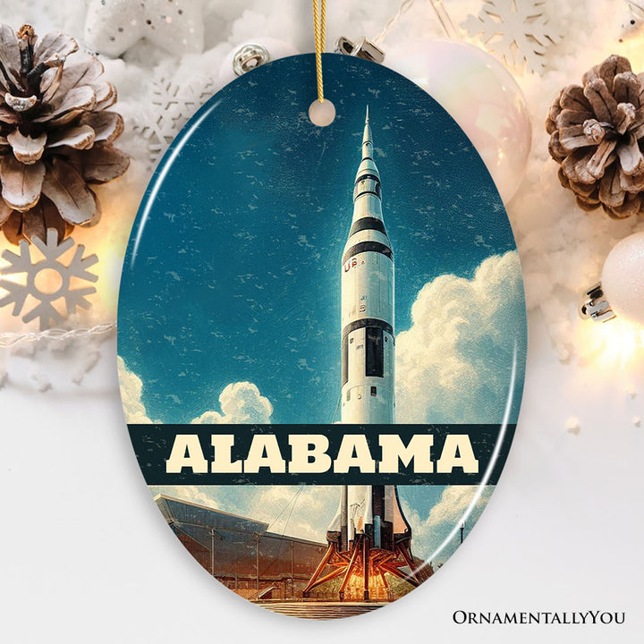 Retro Alabama Rocket Launch Ornament, NASA Space Center Christmas Gift and Huntsville Souvenir