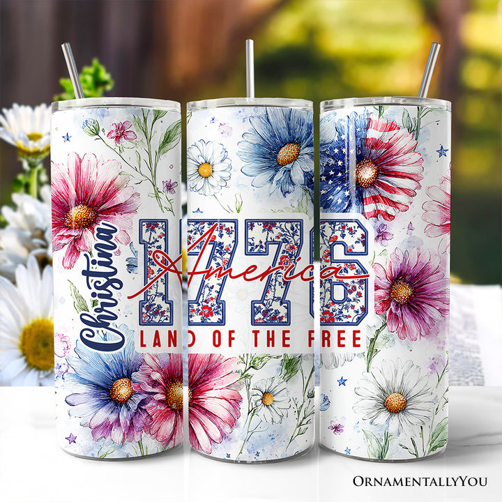 Retro America 1776 Daisy Flower 20oz Personalized Tumbler With Lid and Stainless Steel Straw, Land of the Free Patriotic Gift Cup