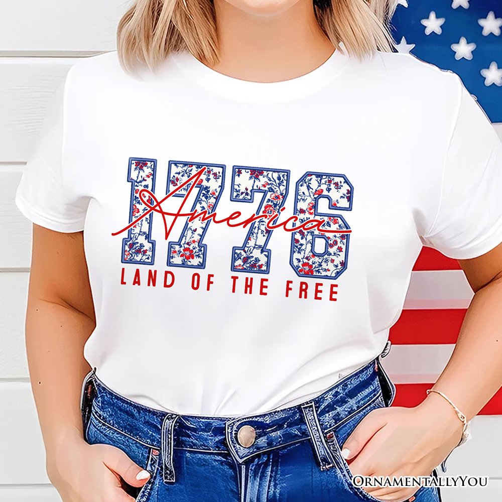 Retro America 1776 Floral T-Shirt, Land of the Free Patriotic Tee T-Shirts OrnamentallyYou 