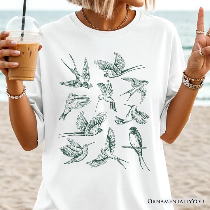 Retro Birds Nature T-Shirt, Vintage Green Bird Illustration Tee T-Shirts OrnamentallyYou 