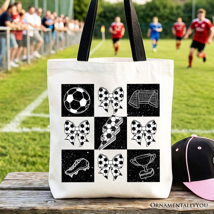 Retro Checkered Soccer Tote Bag, Coquette Bow Game Day Gift Shopper Tote Bag OrnamentallyYou Black Handle 