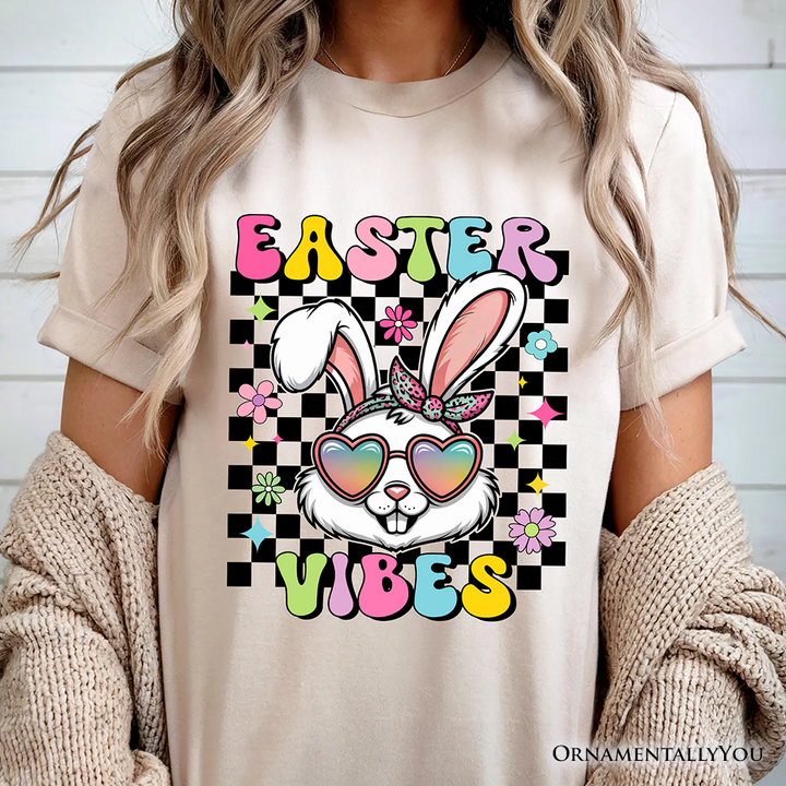 Retro Easter Bunny Sunglasses T-Shirt, Groovy Checkered Tee