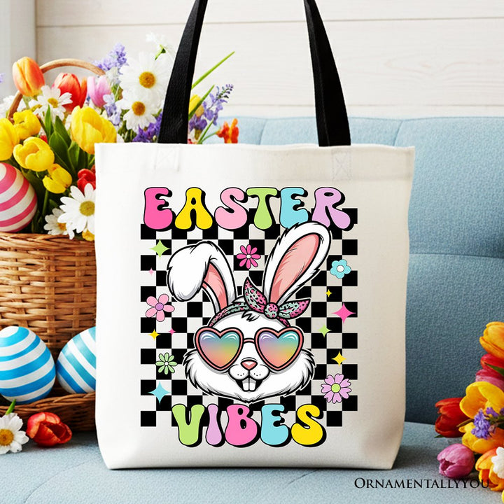 Retro Easter Bunny Sunglasses Tote Bag, Groovy Checkered Gift Shopper Tote Bag OrnamentallyYou Black Handle 