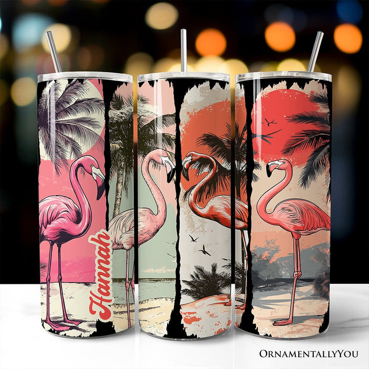 Retro Flamingo Beach 20oz Personalized Tumbler With Lid and Stainless Steel Straw, Summer Vacation Sunset Gift Cup Tumbler OrnamentallyYou Customized 