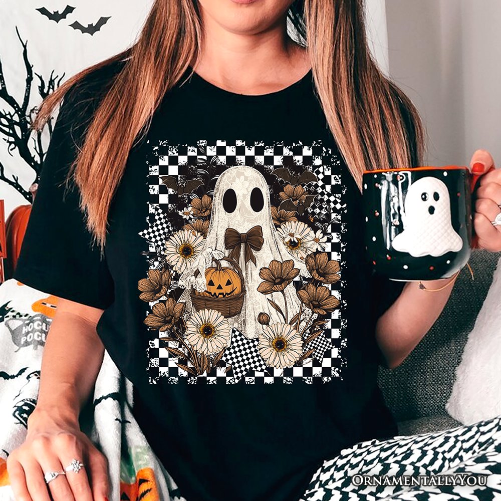 Retro Ghost Floral Halloween T-Shirt, Spooky Vintage Checkered Tee T-Shirts OrnamentallyYou 