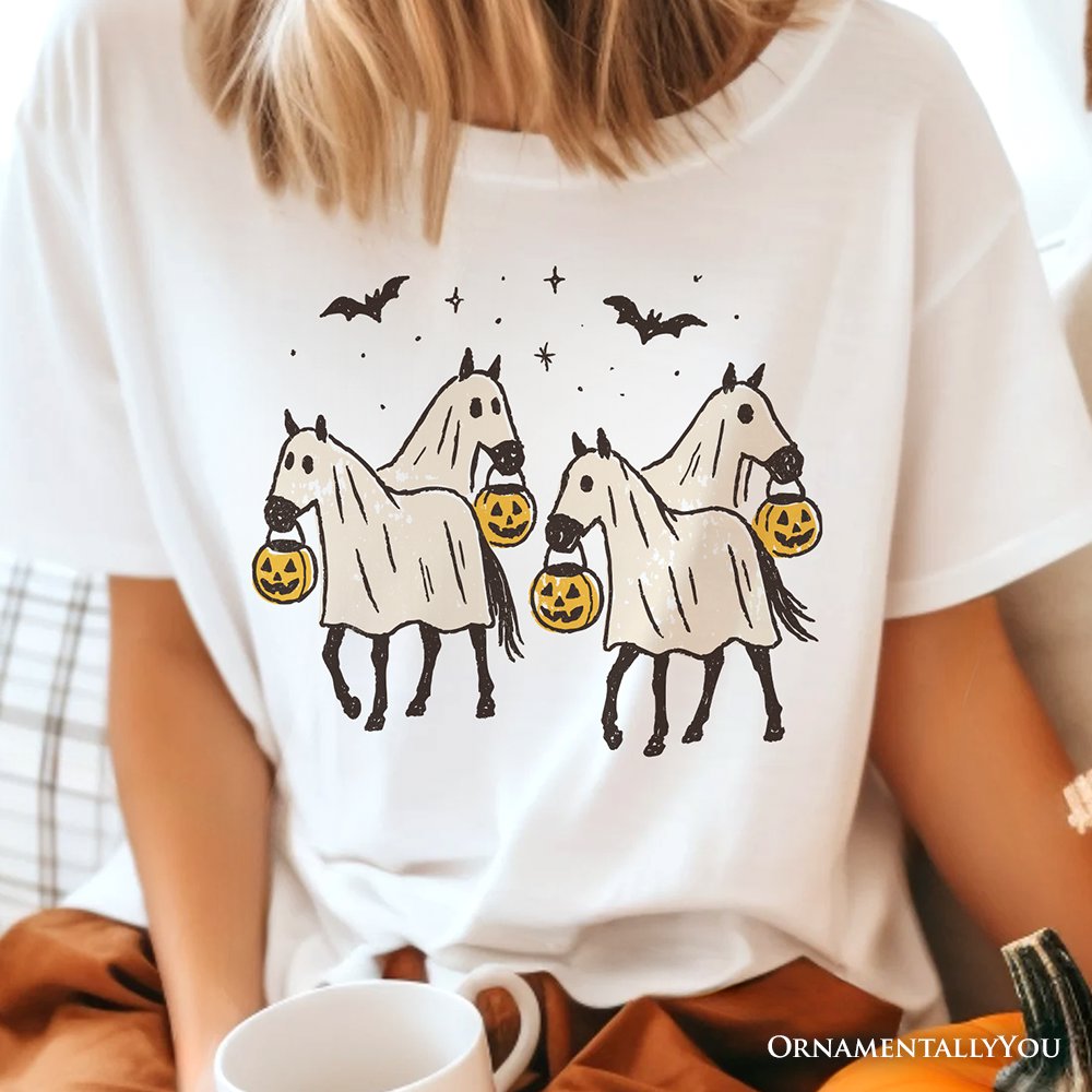 Retro Halloween Horse Ghosts T-Shirt, Cute Western Tee with Spooky Vibes T-Shirts OrnamentallyYou 