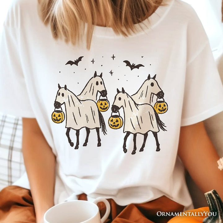 Retro Halloween Horse Ghosts T-Shirt, Cute Western Tee with Spooky Vibes T-Shirts OrnamentallyYou 