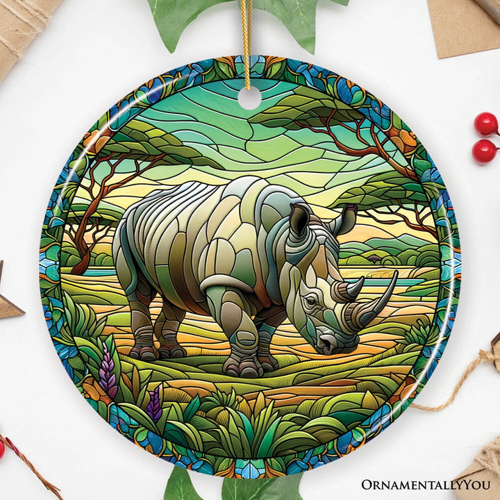 Rhinoceros Realm Expedition Stained Glass Style Ceramic Ornament, African Animals Christmas Gift and Decor Ceramic Ornament OrnamentallyYou Circle 