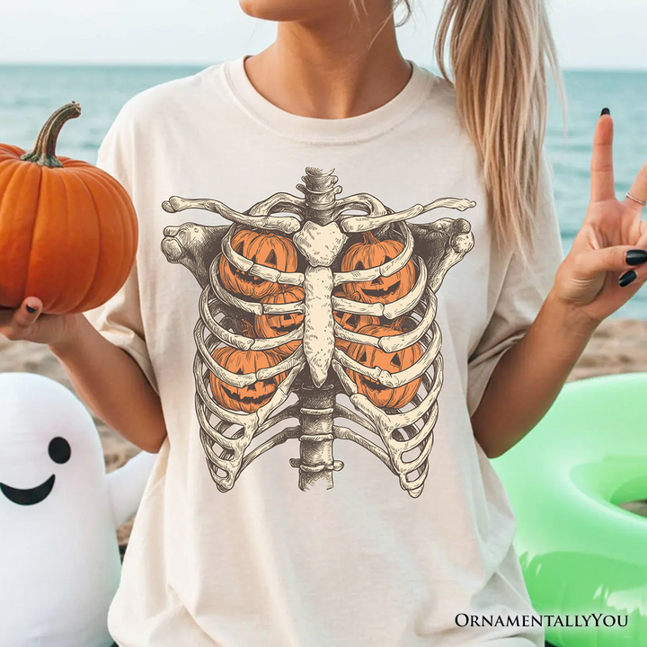 Ribcage Pumpkins T-Shirt, Retro Skeleton Halloween Tee for Spooky Season