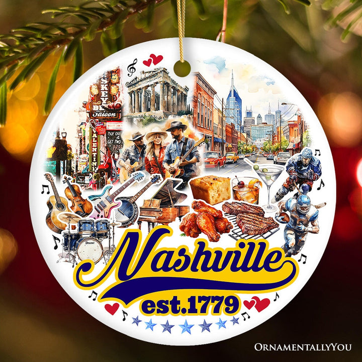Rockin Nashville City Ceramic Art Ornament, Vintage Tennessee Souvenir and Christmas Decor Ceramic Ornament OrnamentallyYou Circle 