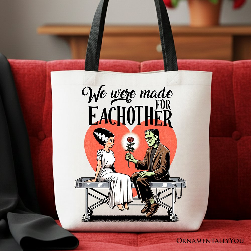Romantic Frankenstein and Bride Canvas Tote Bag, We Were Made for Each Other Gift Bag for Spooky Couples Tote Bag OrnamentallyYou Black Handle 