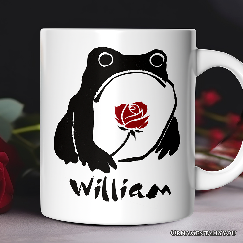 Romantic Japanese Frog with Rose Personalized Mug, Matsumoto Hoji Edo Period Frog Lover Gift With Custom Name