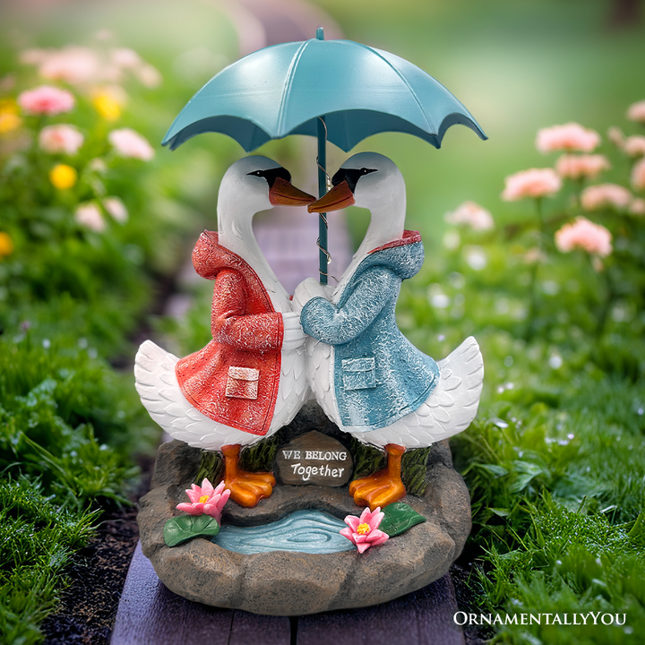 Romantic Swan Couple Under an Umbrella Solar Powered Garden Statue, 10" Lighted Outdoor Bird Figurine Decor