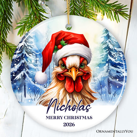 Rooster with Santa Hat Personalized Ornament Winter Forest Christmas Gift With Custom Name and Date Ceramic Ornament OrnamentallyYou Circle 